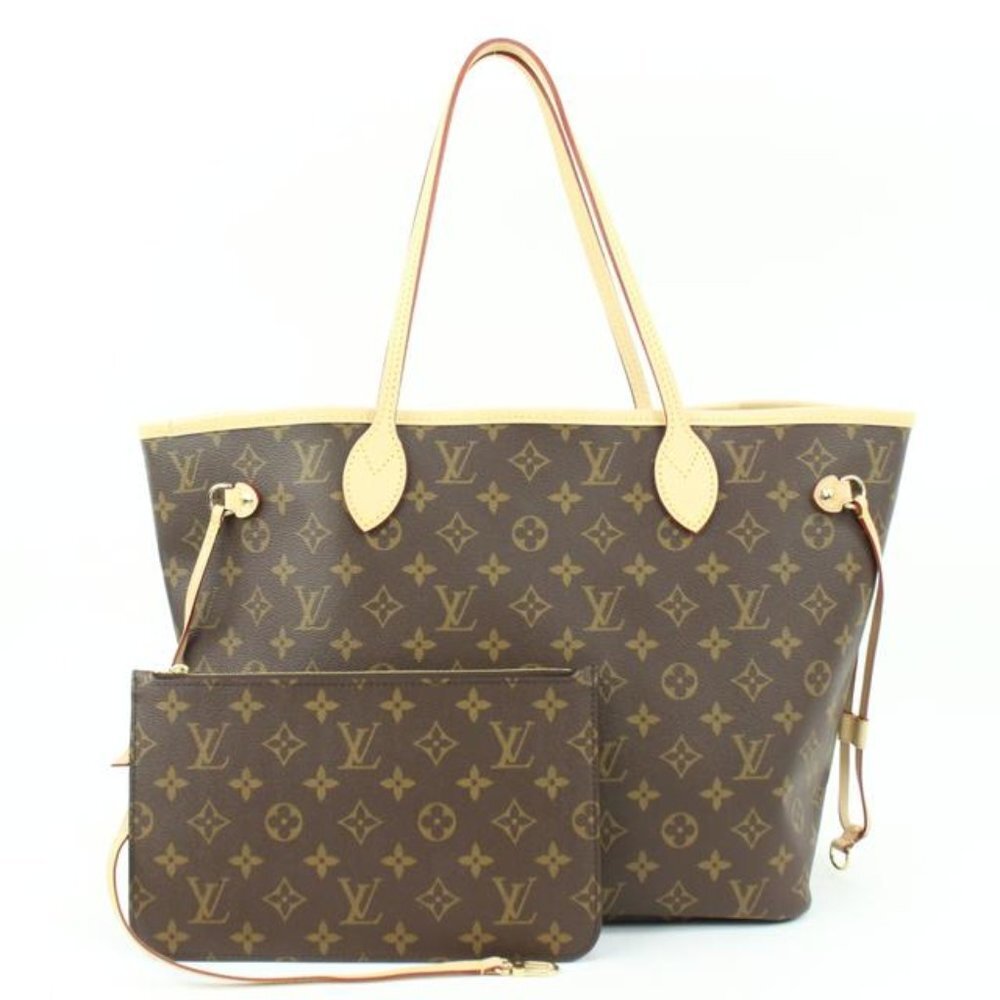 Louis Vuitton Beige x Monogram Neverfull MM Tote with Pouch  43lv128s